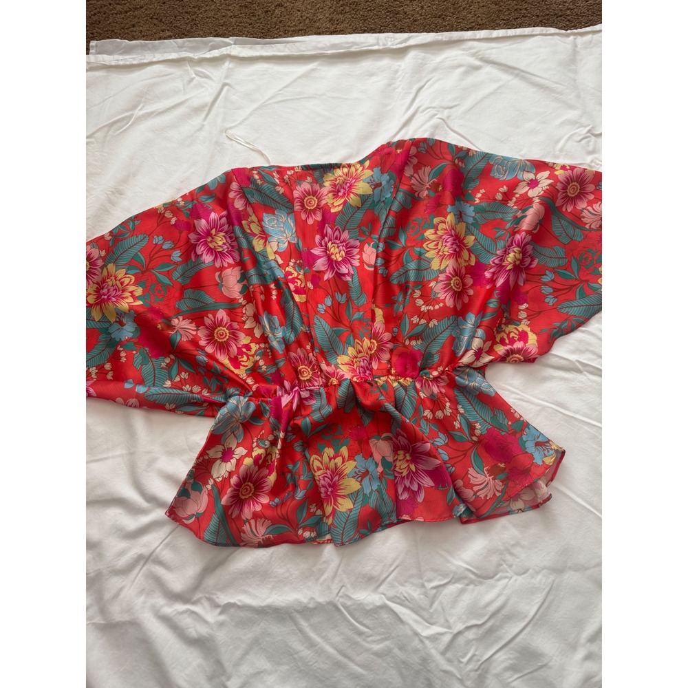 Umgee USA Red Floral Kimono Sleeve Peplum Blouse Top Large Boho Flutter Sleeve